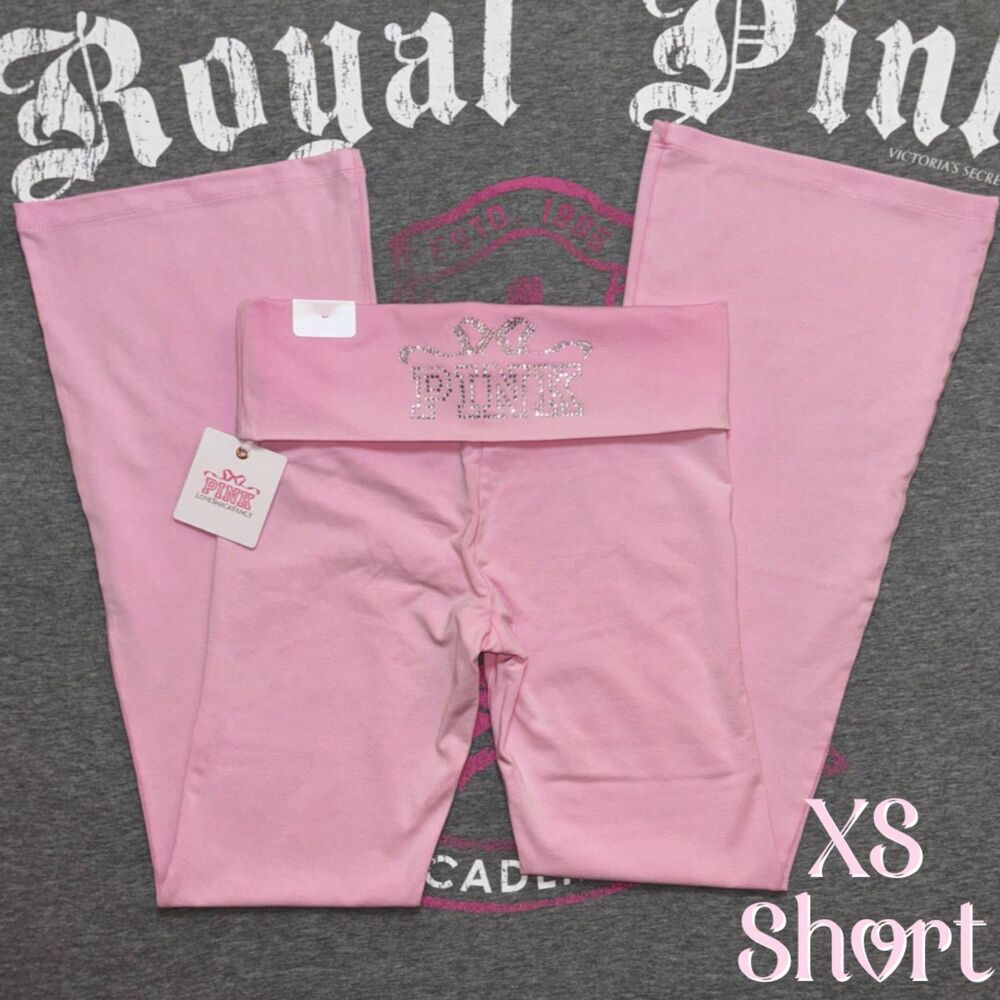 PINK x LoveShackFancy Light Pink Rhinestone Bling Foldover Flare Leggings XS